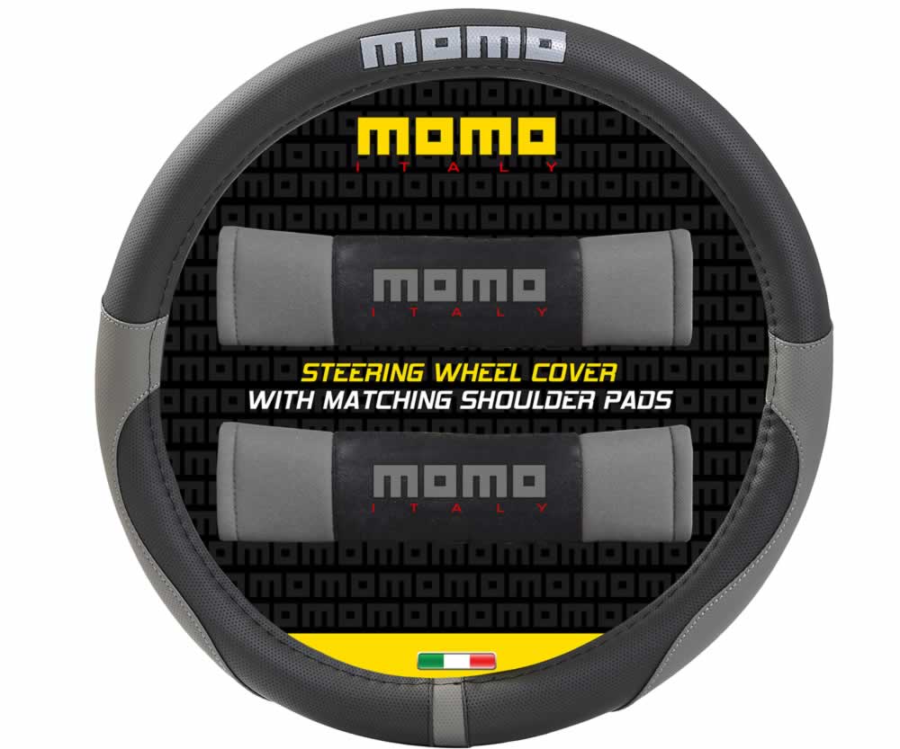 CAPA DE VOLANTE UNIVERSAL «MOMO» PRETO E CINZA + ALMOFADAS