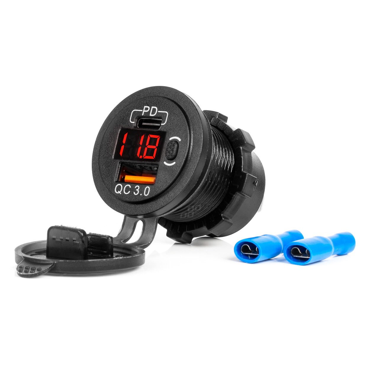 CARREGADOR C/VOLTIMETRO DIGITAL USB-C+USB QC3.0  12/24V