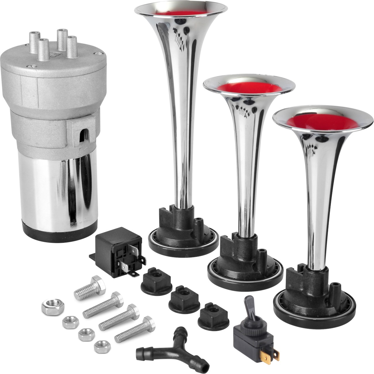 BUZINA TRIPLA A AR CROMADA C/ COMPRESSOR  12V 115DB